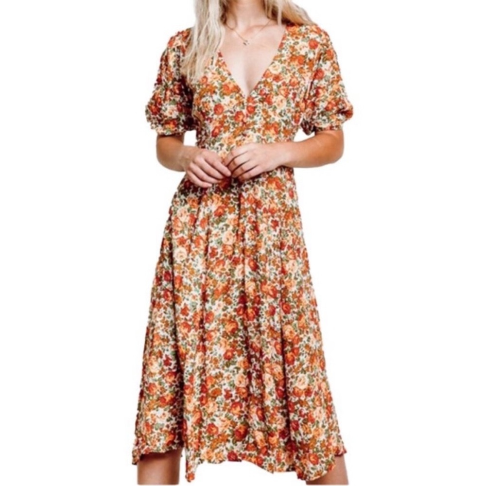 Faithfull the Brand‎ Anthropologie Delia Midi Dress in Floral Le Rose Apricot 6